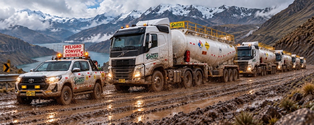 Convoy de Transportes Peche's en ruta minera con escolta y cisternas